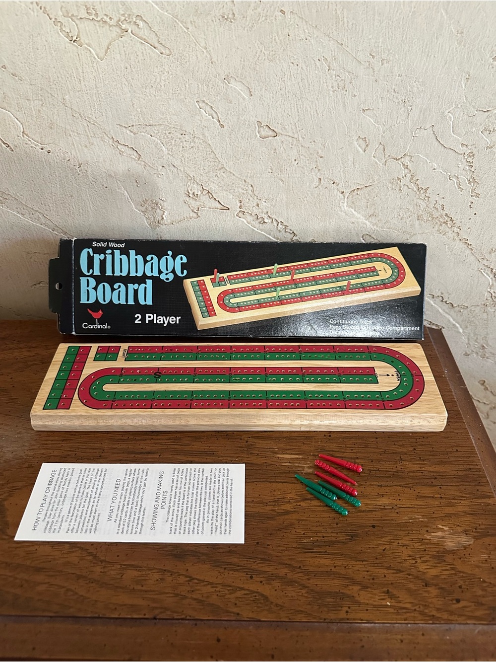 Vintage Cardinal Solid Wood 2 Player Cribbage Board Complete